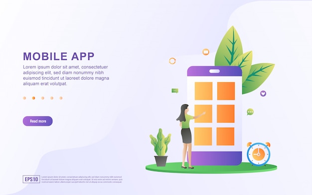 Mobile app flat design concept. Woman is trying a mobile application. Install or update the mobile app.