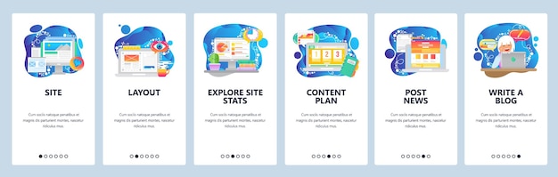Mobile app onboarding screens Digital marketing and content plan business development site wireframe Menu vector banner template for website and mobile development Web design flat illustration