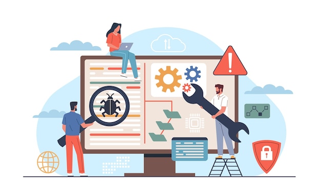 Mobile application testers Finding and correcting errors in software checking for bugs and artifacts teamwork tiny people and huge screen nowaday vector web development concept