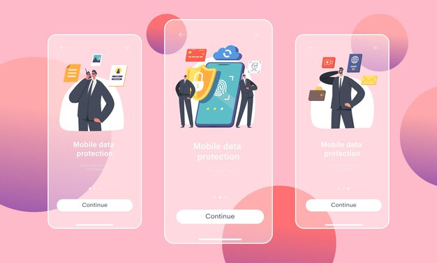 mobile data protection app page onboard screen template guard characters protect smartphone with lock on screen