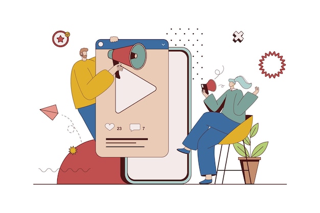 Mobile marketing concept with character situation in flat design Man attracts new customers with viral video content woman makes purchases ecommerce Vector illustration with people scene for web