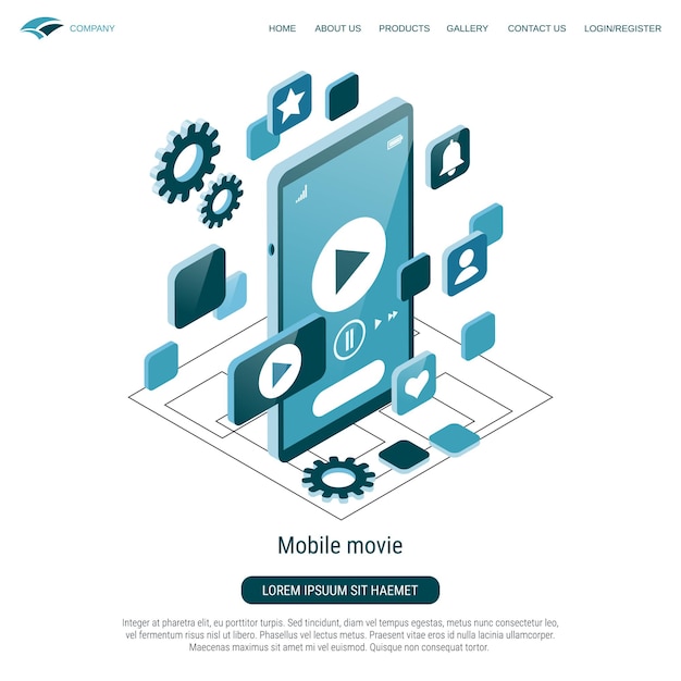 Mobile movie 3d isometric vector concept illustration