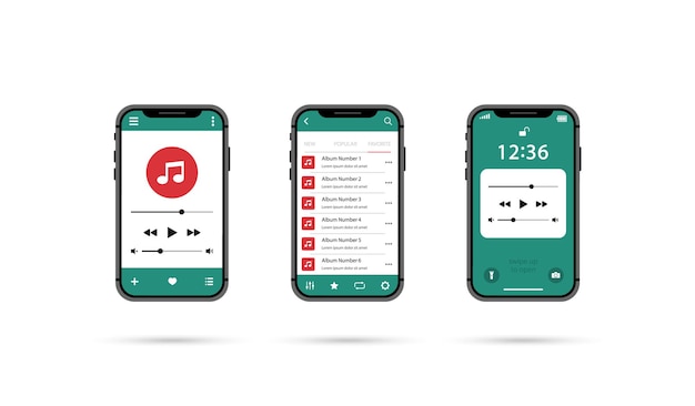 Mobile music player. Smartphone players set.