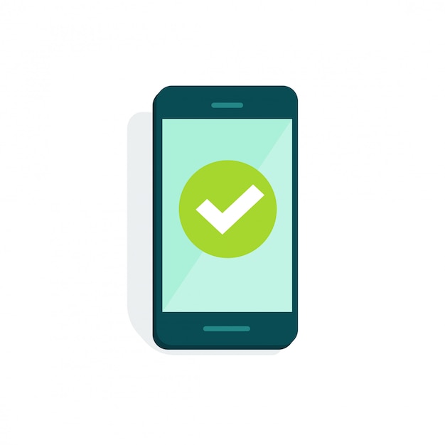 Mobile phone or cellphone with checkmark on display vector illustration flat cartoon