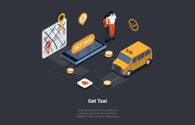 mobile phone with taxi mobile app mobile taxi order service family waiting for yellow taxi car looking at gps route point pins on smartphone touchscreen isometric cartoon 3d vector illustration
