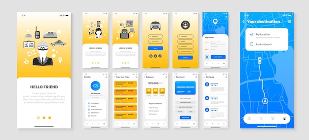 Mobile screens set with user interface of smartphone application taxi company and city navigation isolated flat 