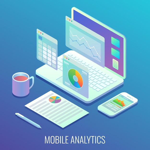 Mobile web analytics concept vector flat isometric illustration