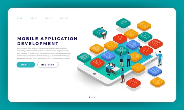 Mock-up design website flat design concept mobile app development with developer coding
