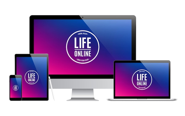 mockup of gadgets and devices of stylus, smartphone, tablet, laptop and computer monitor with colored screen saver isolated