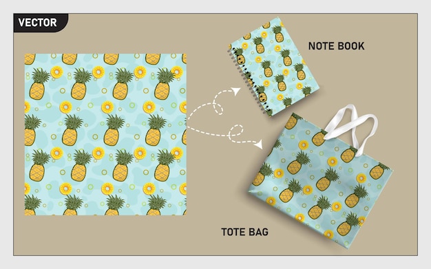 Mockup tote bag and note book with pineapple fruits leaf seamless pattern