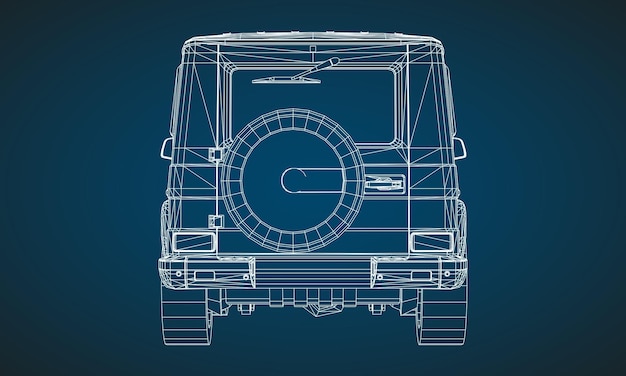 model of premium frame suv with a classic design. vector illustration of a white polygonal triangular grid on a blue background.