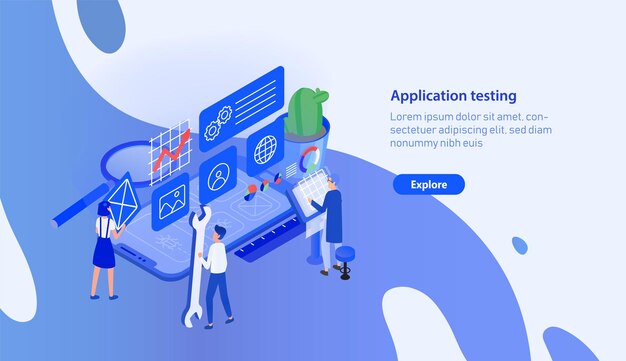 Modern horizontal banner template with giant smartphone and tiny people working around. Mobile application testing, finding errors in software, quality check. Colorful isometric vector illustration.