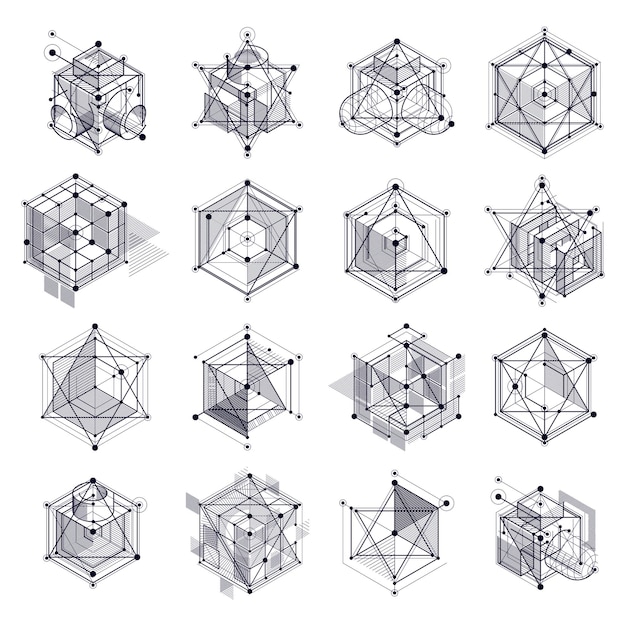 Modern isometric vector abstract black and white backgrounds set with geometric element. Layout of cubes, hexagons, squares, rectangles and different abstract elements.
