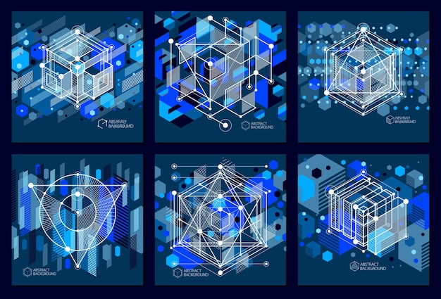 Modern isometric vector abstract dark blue backgrounds set with geometric element. Layout of cubes, hexagons, squares, rectangles and different abstract elements.