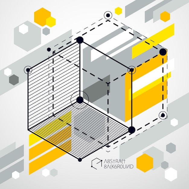 Modern isometric vector abstract yellow background with geometric element. Layout of cubes, hexagons, squares, rectangles and different abstract elements.