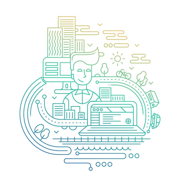 modern line flat design city lifestyle composition with city buildings and cityscape - gradient color