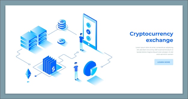 Modern male cryptocurrency exchange monitoring smartphone application landing page isometric vector