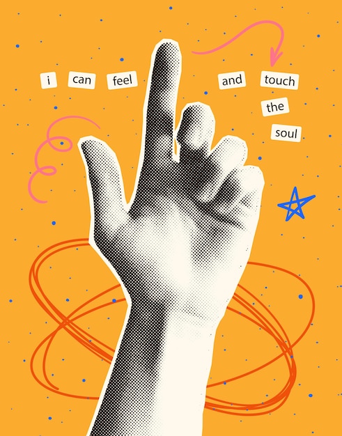 Modern poster with a halftone hand and doodle elements Stickers with words on the theme of feelings
