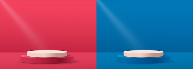 Modern red and blue cylinder pedestal podium Spot light and empty room background Studio room
