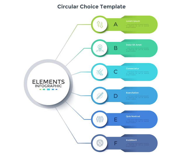 Modern scheme with six elements connected to main circle. Concept of 6 business options to choose. Minimal infographic design template. Flat vector illustration for business data visualization.