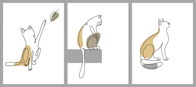 Modern sitting cats in continuous line style with abstract shapes one line drawing  Set of posters