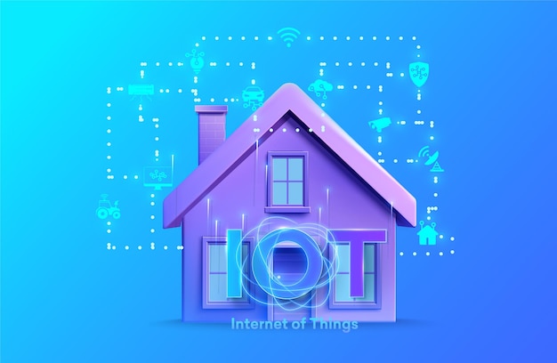 Modern Smart Home Illustration with Internet of Things IoT Connectivity and Devices on Vibrant Blue Background System intelligent control house on blue background Vector illustration