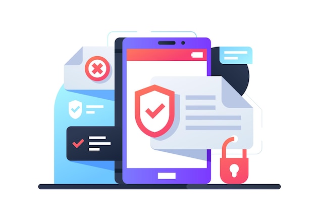 Modern smartphone using application with data protection program. Isolated concept mobile device with app for system security.