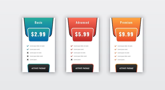 Modern stylish business pricing table or card design template
