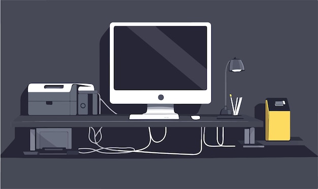 modern tech desk setup with computer and printer