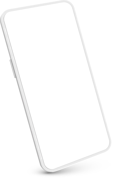 Modern white smartphone featuring a blank screen floating effortlessly against a clean white background Highlighting thin rounded edges volume buttons and a power button for a sleek design