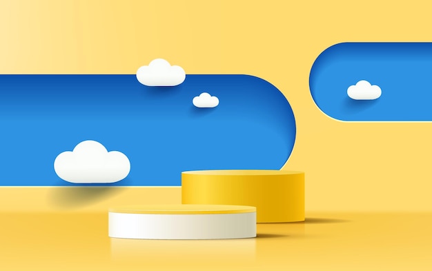 Modern yellow cylinder pedestal podium in shadow Abstract minimal wall scene Geometric backdrop with cloud Vector rendering 3d shape product display presentation