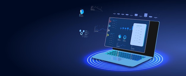 Moderni kannettava tietokone näyttää data-analytiikkaa futuristisessa työtilassa illalla