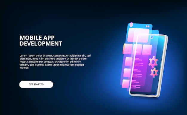 Moderni mobiilisovellusten kehitys, jossa on näytön käyttöliittymädesign ja vaihde, neonvärigradientilla ja 3d-älypuhelin hehkuvalla näytöllä.