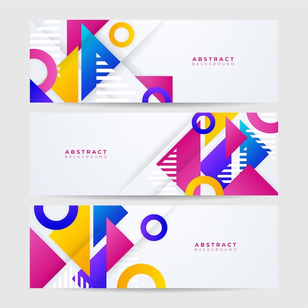 Moderni värikäs abstrakti geometrinen banneritausta. Tekninen banneridesign, jossa on neliöitä, kolmioita, ympyröitä ja geometrisiä muotoja. Vektoripohjainen abstrakti graafinen design-bannerikuvion taustamallipohja