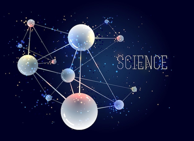 Molecules vector abstract background, 3D dimensional science chemistry and physics theme design element, atoms and particles micro nano scientific illustration.