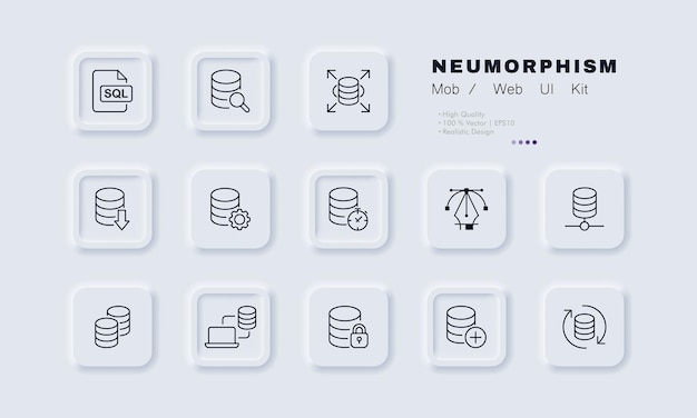 Money set icon Databases SQL expenses coins tables add password lock clock gear settings analytics Infographic concept Neomorphism style Vector line icon for Business and Advertising