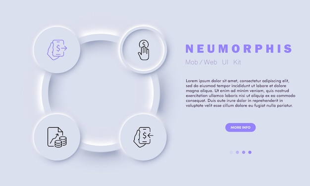 Money transfers set icon Coin arrow send transaction growth statistics banking app application budget allocation income spending Financial management concept Neomorphism style