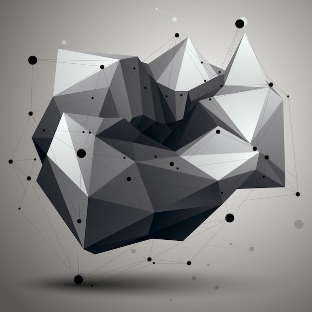 Monimutkainen abstrakti harmaasävyinen 3d-renderöity muoto, vektorimuotoinen digitaalinen ristikko-objekti. Teknologia-aihe.