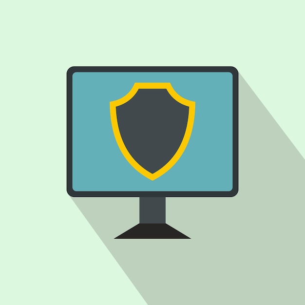 Monitor with security shield on the screen icon icon in flat style on a light blue background