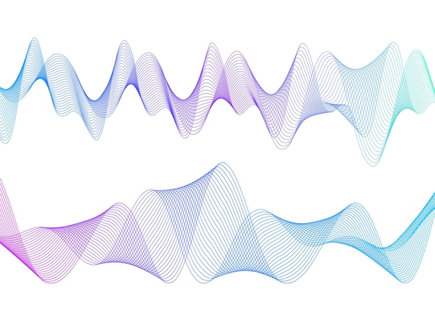 Moniväristen viivojen aalto. Abstraktit aaltoilevat raidat valkoisella taustalla, eristettynä. Luovaa viivataidetta. Vektori-kuvitus EPS 10. Blend Tool -työkalulla luotuja designelementtejä. Kaareva sileä nauha