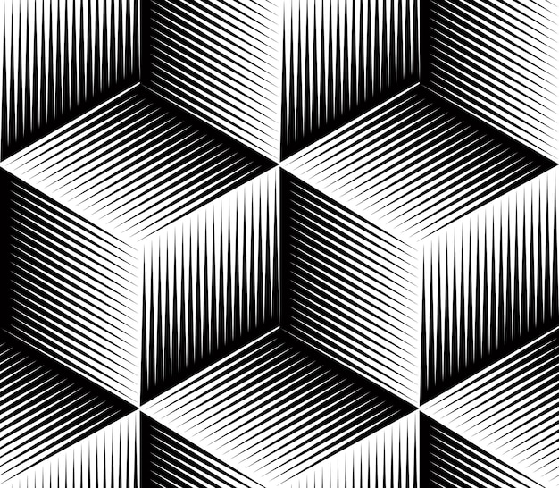 Monochrome abstract interweave geometric seamless pattern. Vector black and white illusory backdrop with three-dimensional intertwine figures. Graphic contemporary covering.