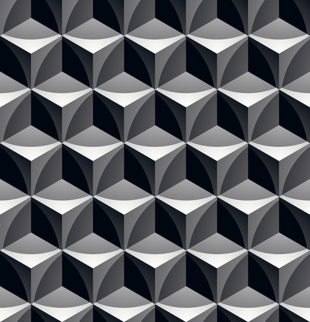 monochrome abstract textured geometric seamless pattern with 3d geometric figures. vector black and white textile backdrop.