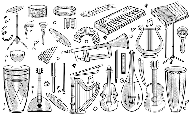 Monochrome hand drawn set of classic and jazz music instruments in doodle style on white background
