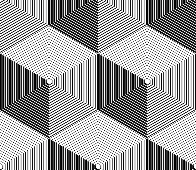 Monochrome illusory abstract geometric seamless pattern with 3d geometric figures. Vector black and white striped backdrop.
