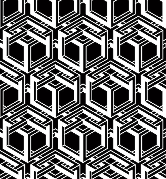monochrome illusory abstract geometric seamless pattern with 3d geometric figures. vector black and white striped backdrop.