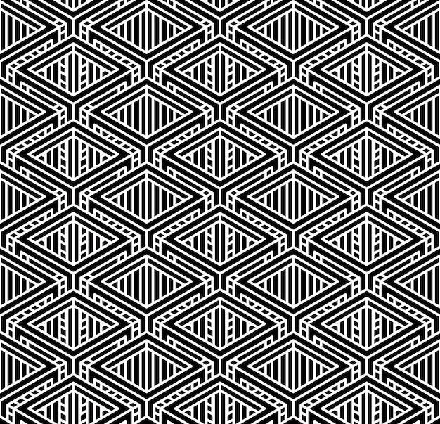 monochrome illusory abstract geometric seamless pattern with 3d geometric figures. vector black and white striped backdrop.