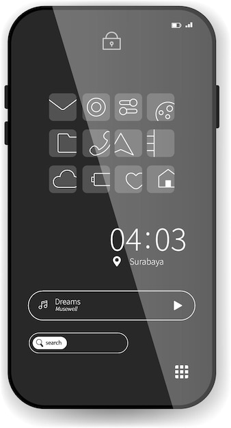Monochrome Smartphone Home Screen Interface With App Icons and Music Player