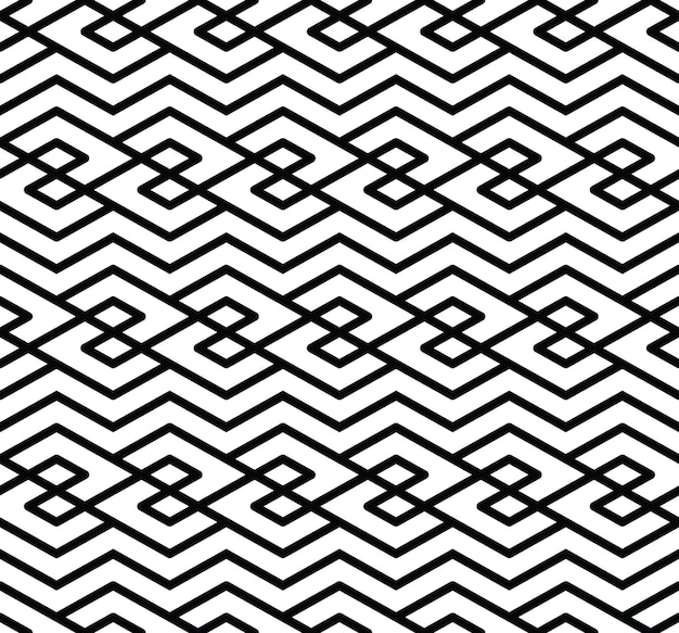 Monokrominen visuaalinen abstrakti kuvioitu geometrinen saumaton kuvio. Symmetrinen mustavalkoinen vektoritekstiilitausta. Kietoutunut sommittelu.