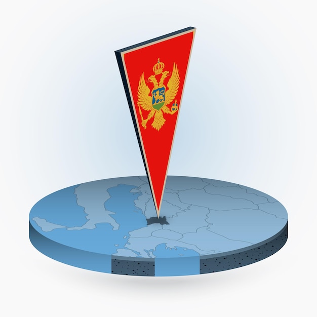 Montenegro map in round isometric style with triangular 3D flag of Montenegro
