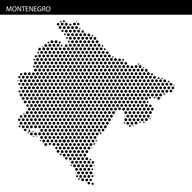 Montenegro map outlined in hexagonal dotted style on a plain background with label